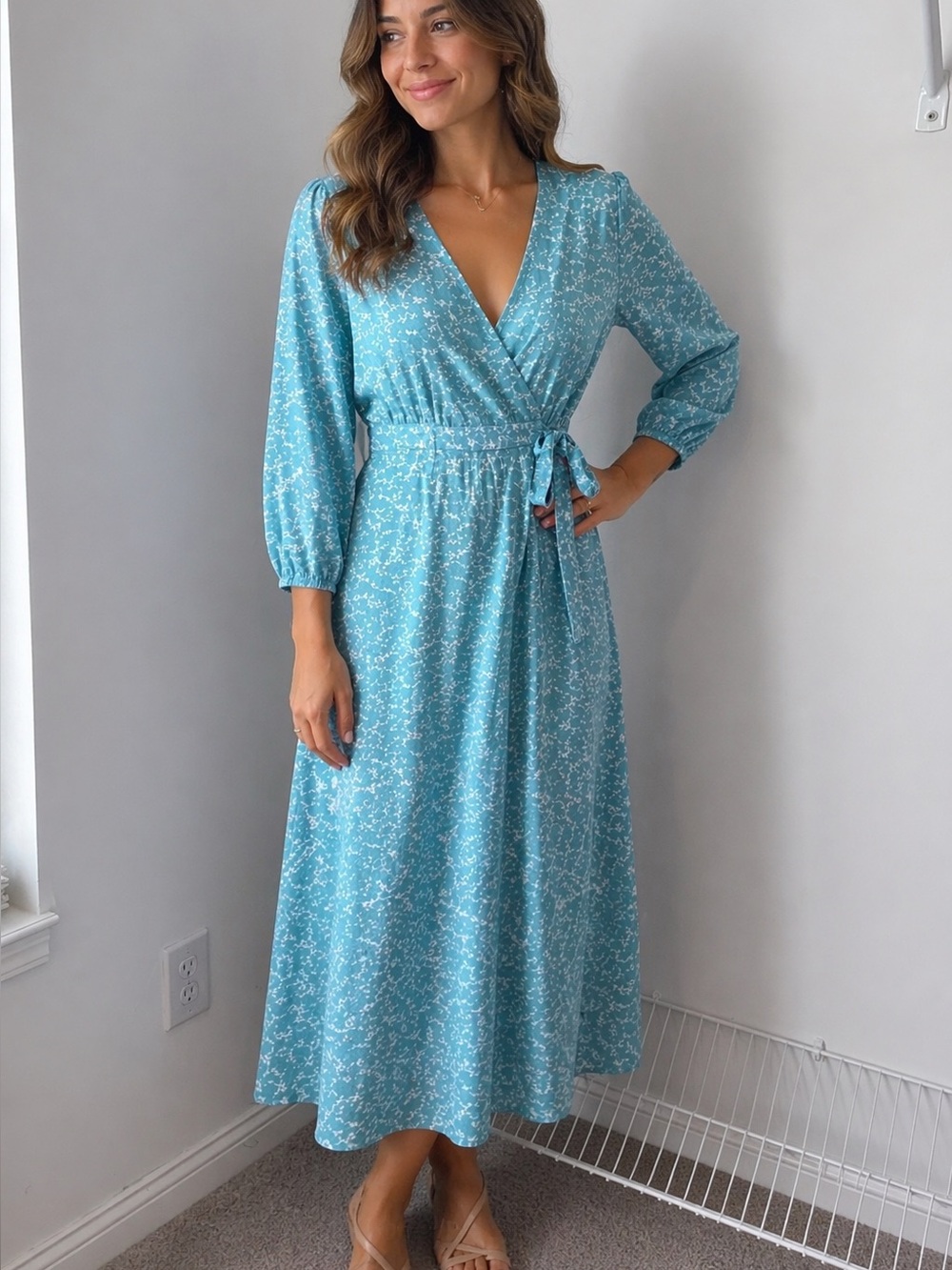 Women’s Light Blue Floral Wrap Midi Dress with Tie Waist